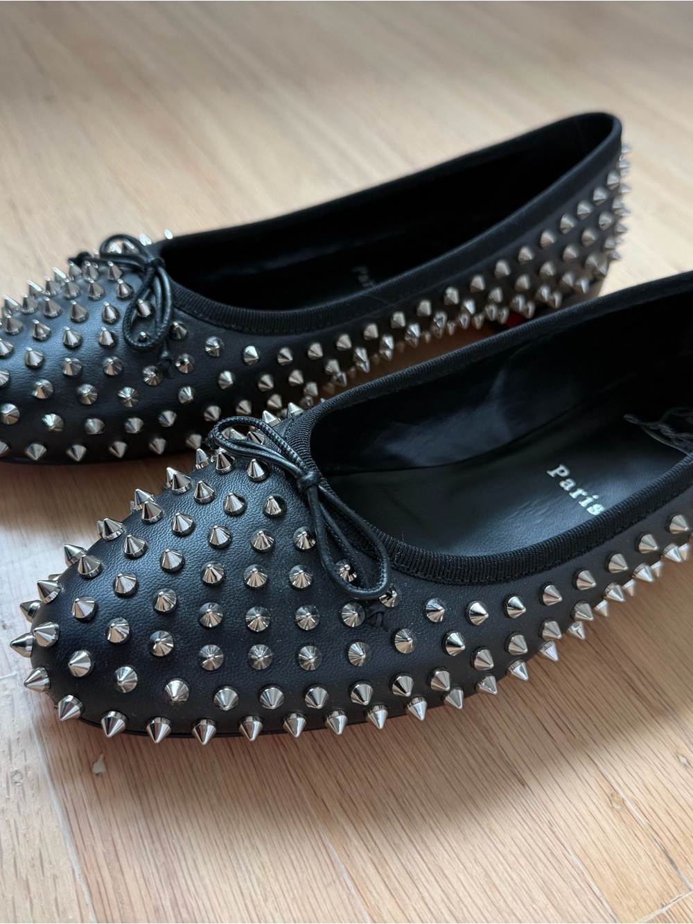 Christian Louboutin Black Studded Leather Ballet Flats with Red Sole - Picture 2 of 8
